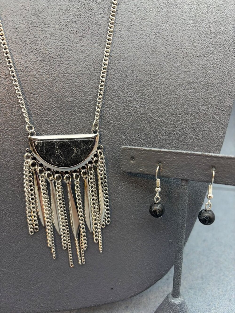 Fringe Pendant Necklace Earrings 28 In Silver Chain Black Boho Matching Drop